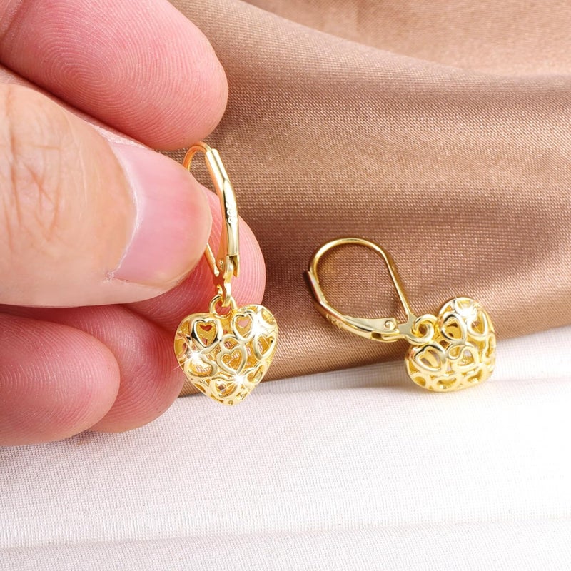 Lancharmed 925 Sterling Silver 14K Gold French Style Leverback Earrings, Heart Dangle Drop Earrings for Women Hypoallergenic Jewelry - Image 2